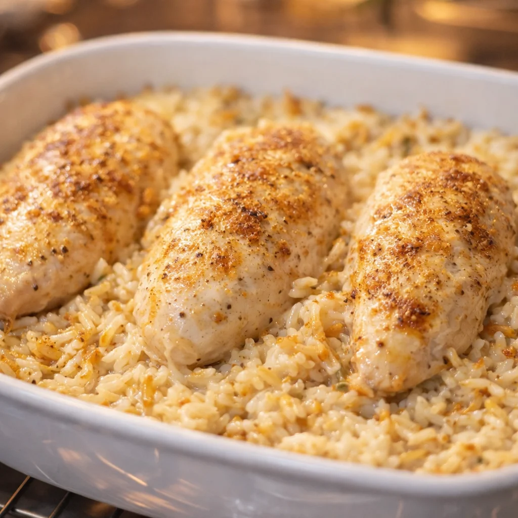 Delicious Forgotten Chicken casserole with rice and cream of mushroom soup in a baking dish.