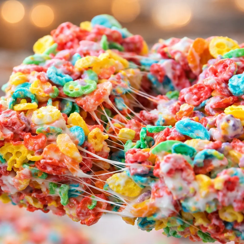 Colorful Fruity Pebbles Treats made with marshmallows and cereal, perfect for snacks.