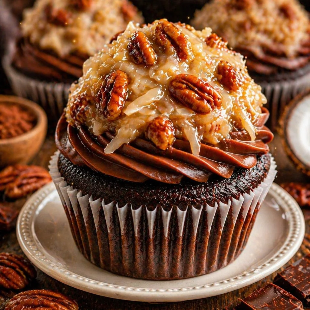 Moist German Chocolate Cupcakes topped with coconut pecan frosting and chocolate buttercream.