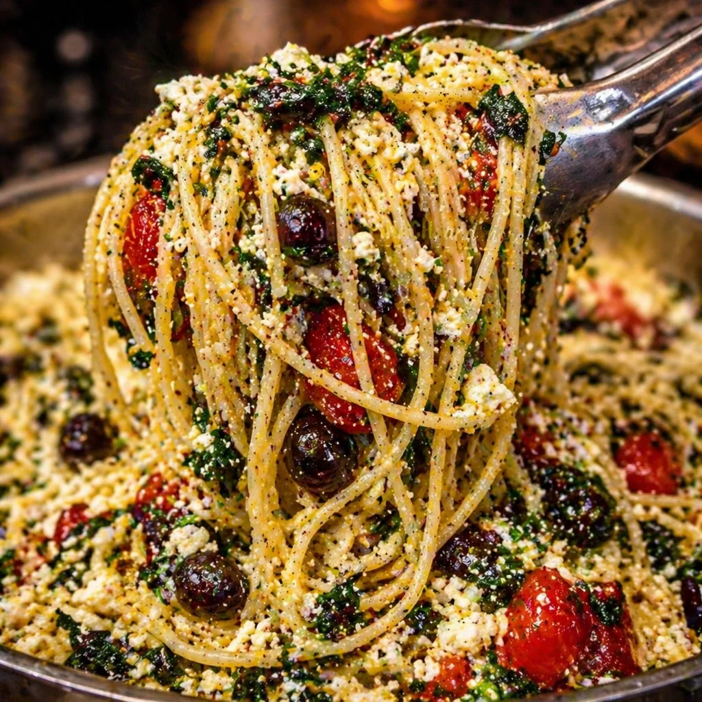 Plate of Greek Spaghetti topped with ground beef and fresh herbs.