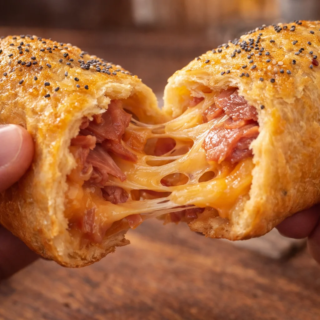 Deliciously baked ham & cheese sticks wrapped in crescent dough for a savory snack