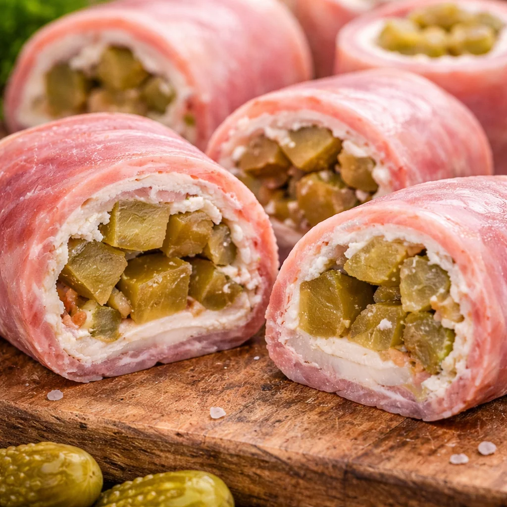 Delicious ham pickle roll-ups with cream cheese - a quick appetizer recipe.