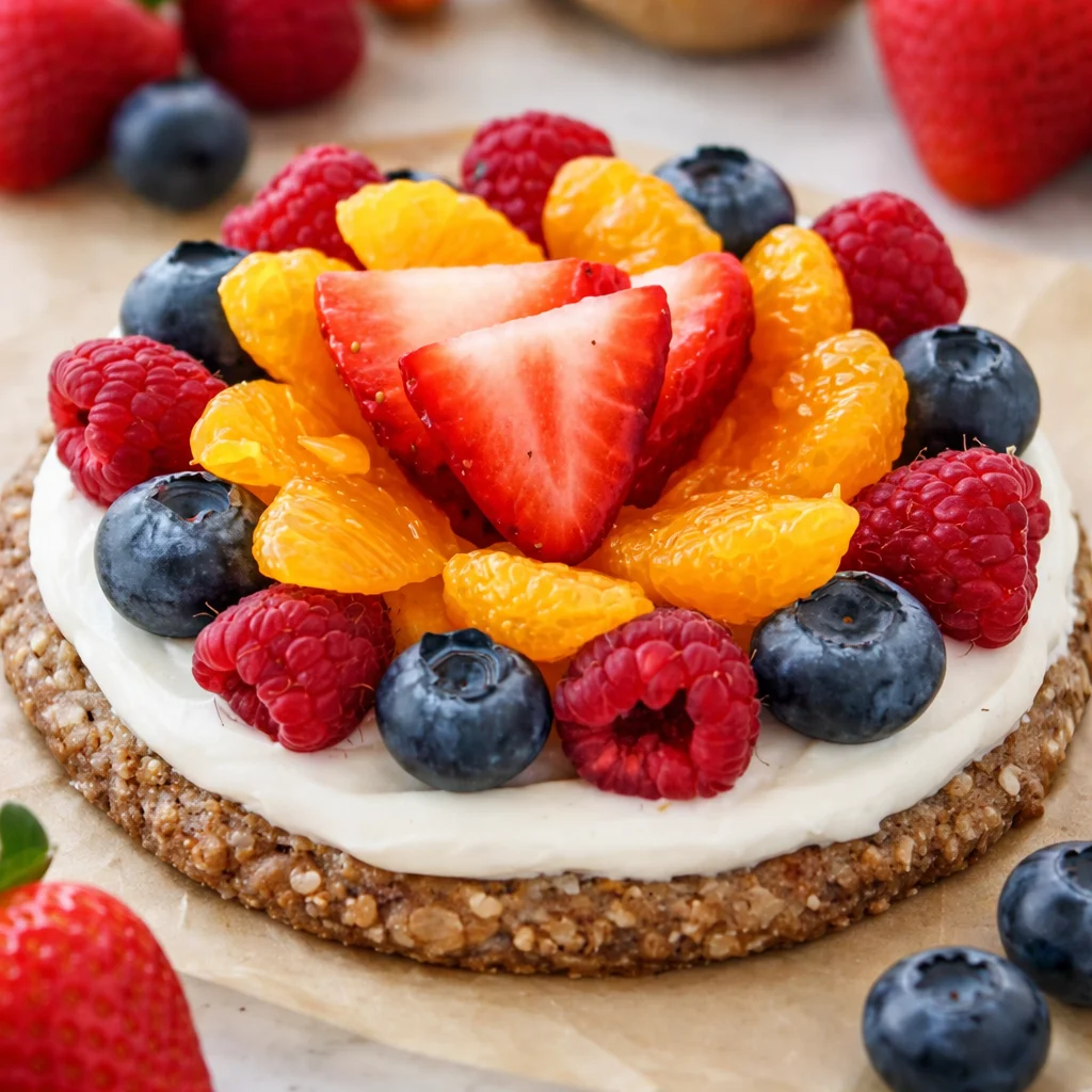 Healthy Fruit Pizza with a granola crust and topped with fresh fruits and yogurt.