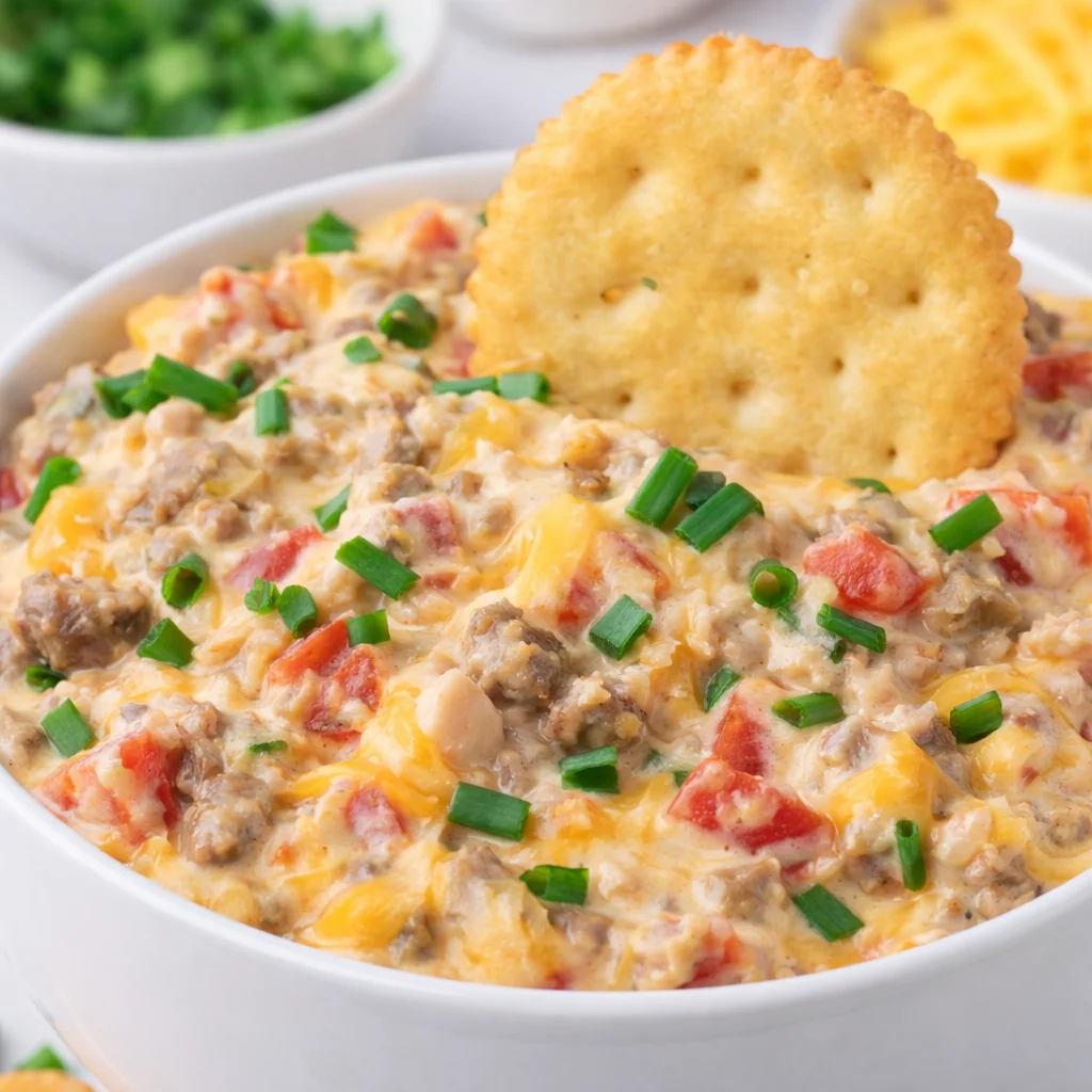 Delicious Hissy Fit Dip with sausage, cream cheese, and savory seasonings.
