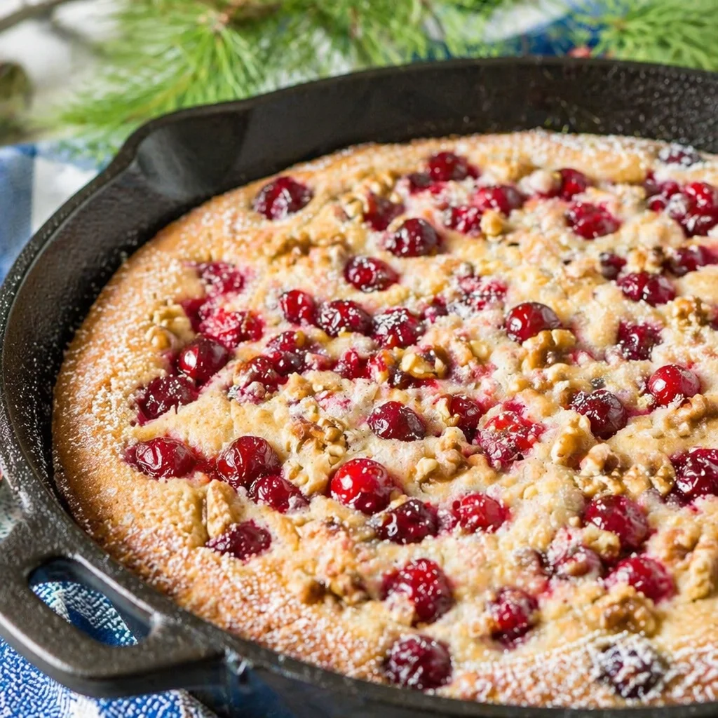 Homemade cranberry cake topped with fresh cranberries, perfect for holiday desserts.