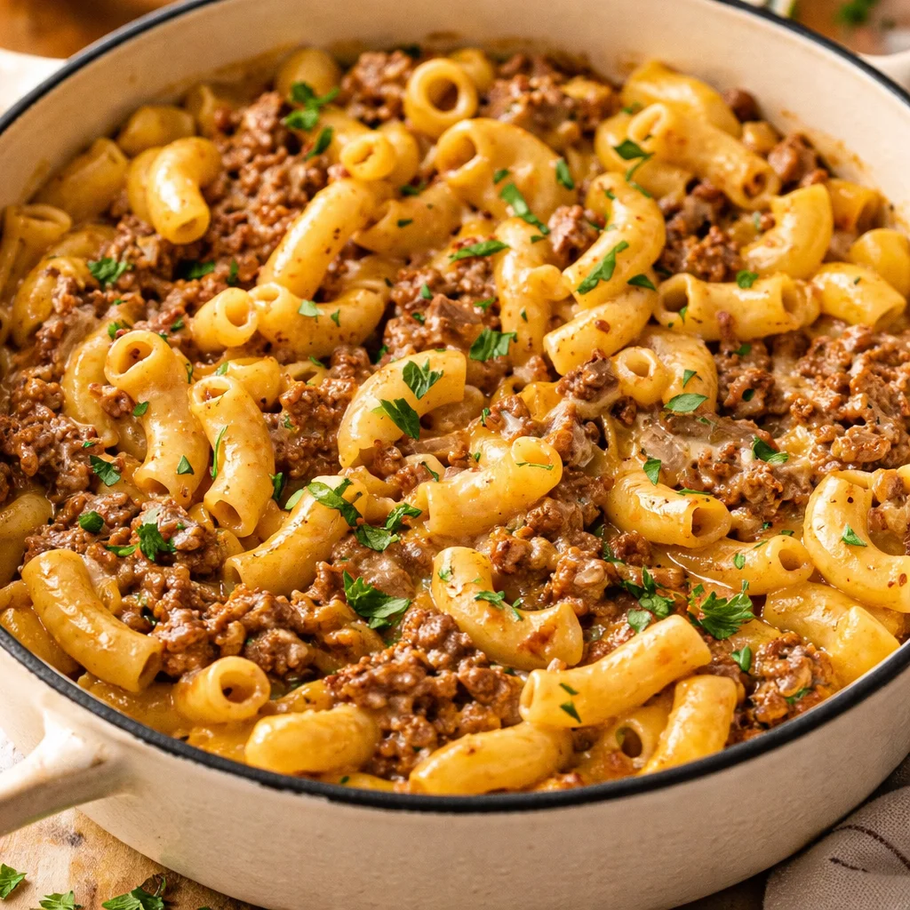 Delicious homemade hamburger helper with ground beef and creamy cheddar sauce.