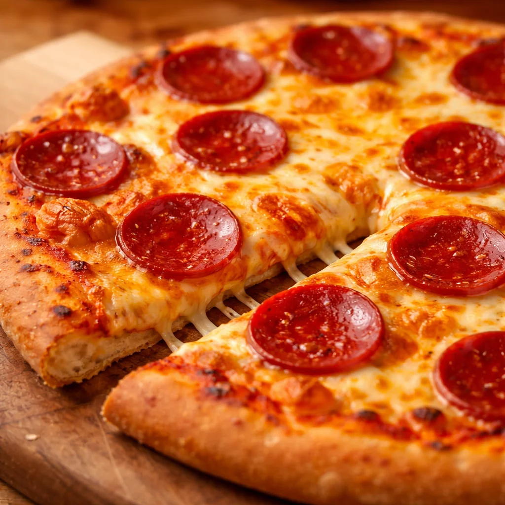 Delicious homemade pepperoni pizza with gooey cheese and crispy crust.