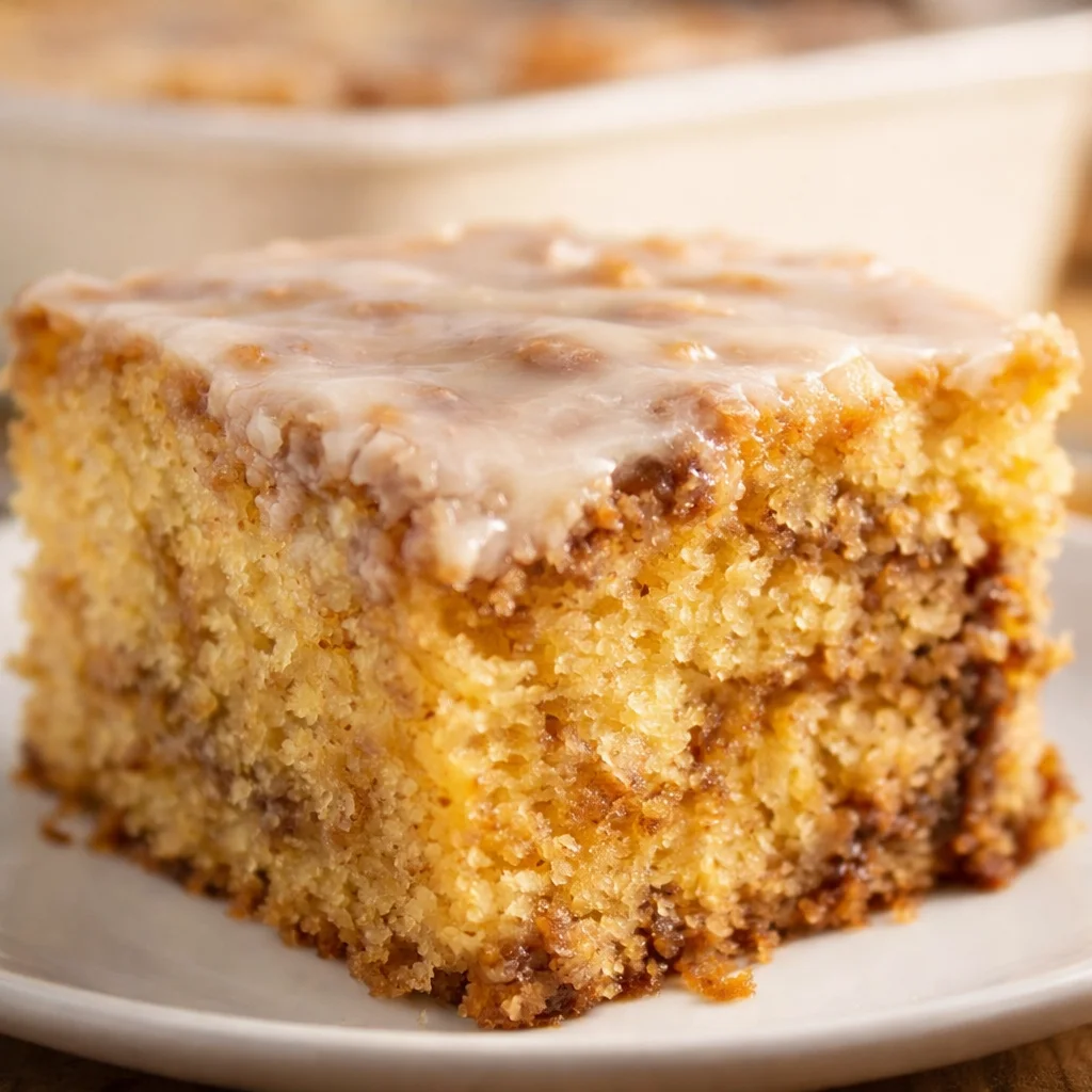 Moist Honey Bun Cake with cinnamon swirl and sweet glaze on a plate.