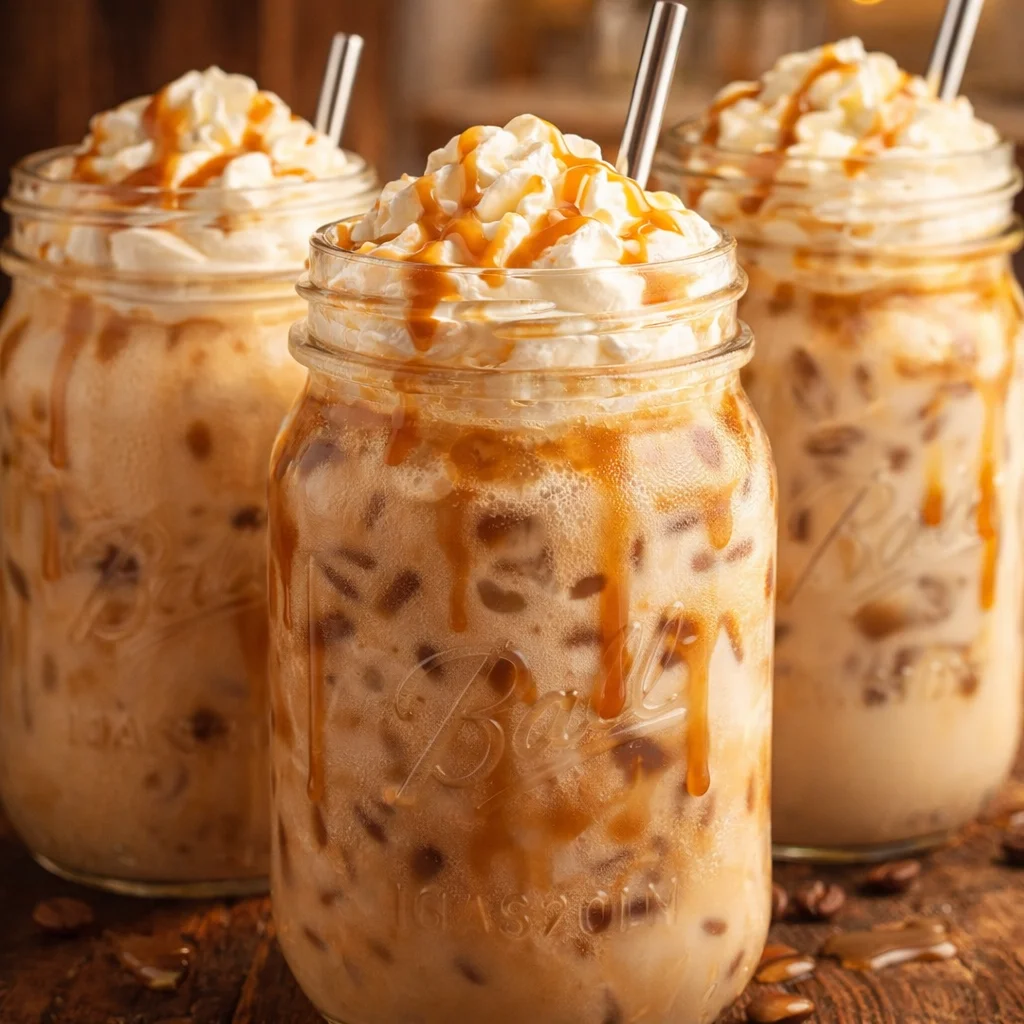 Iced Caramel Macchiato with vanilla syrup, espresso, and caramel drizzle on top.