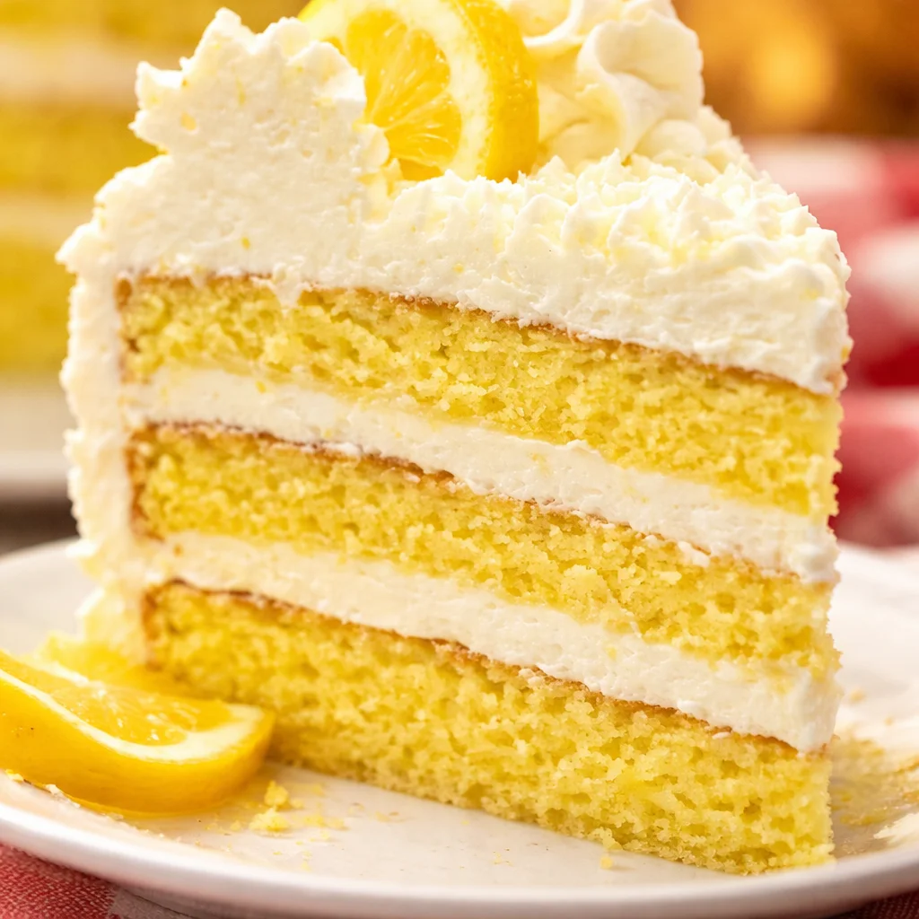 Slice of Italian Lemon Drop Cake with Lemon Buttercream Frosting on a plate.