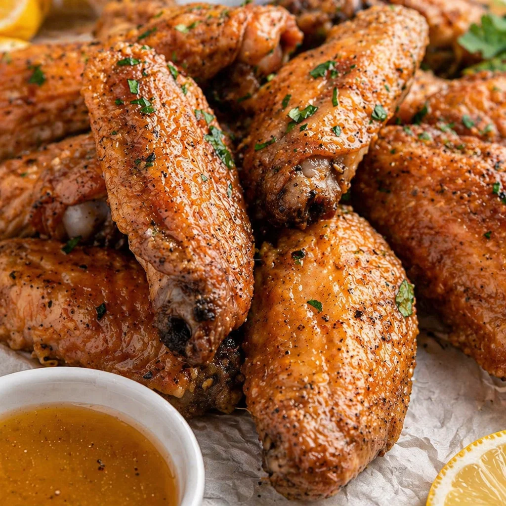 Delicious Lemon Pepper Wings crispy and coated in lemon butter sauce.