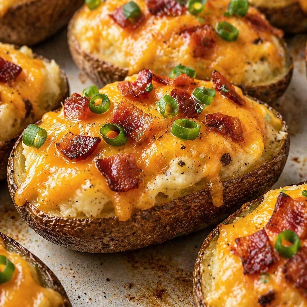 Loaded Twice Baked Potatoes topped with bacon and cheese in a crispy skin.