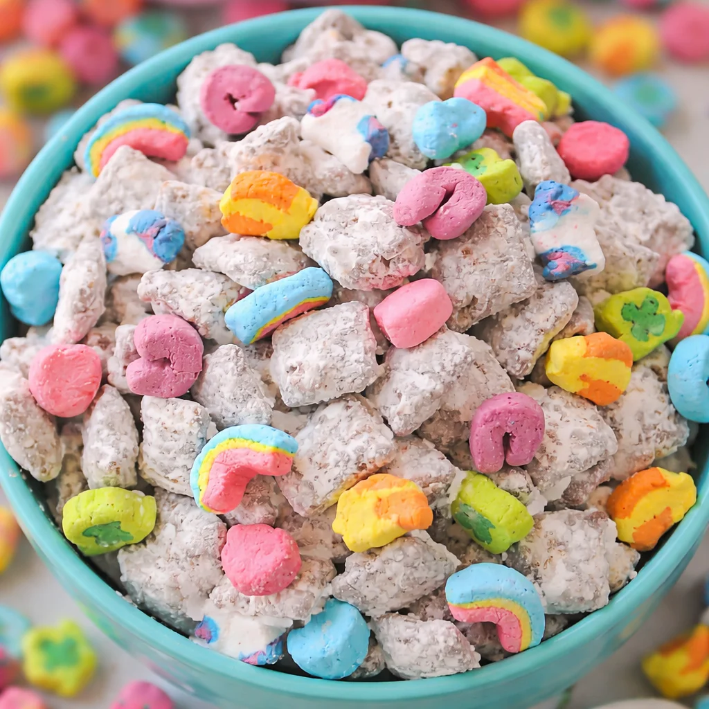 Colorful Lucky Charms Puppy Chow mixed with candy melts and marshmallows for a festive treat.