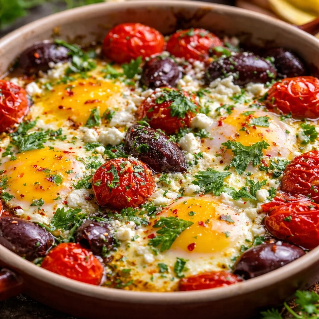 Mediterranean Baked Feta Eggs with tomatoes and spinach, a delicious breakfast dish.