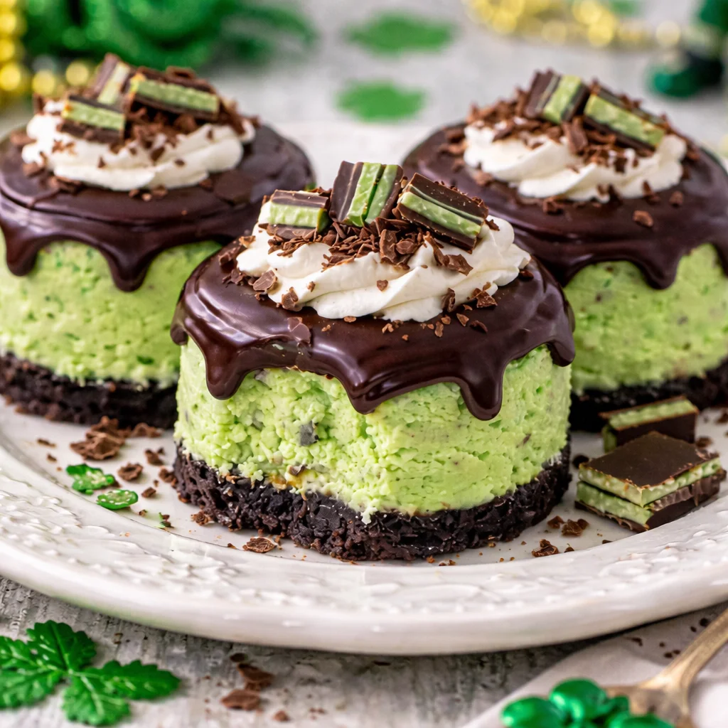 Mini Andes Mint Cheesecakes with chocolate ganache and Andes mints on top