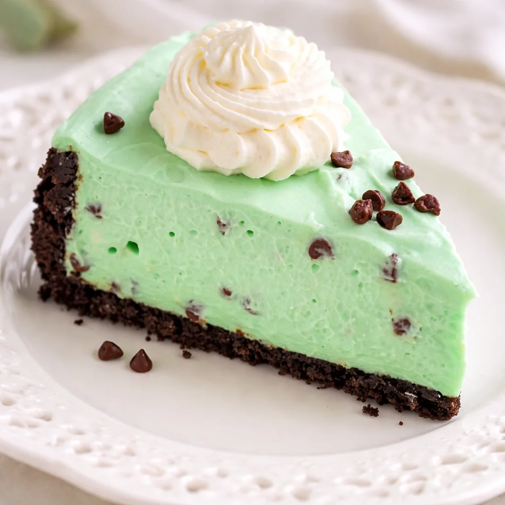 Delicious Mint Chocolate Chip Cheesecake with an Oreo crust and creamy filling