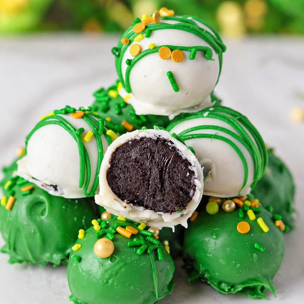 Delicious Mint Oreo Balls coated in chocolate are perfect for holiday celebrations.