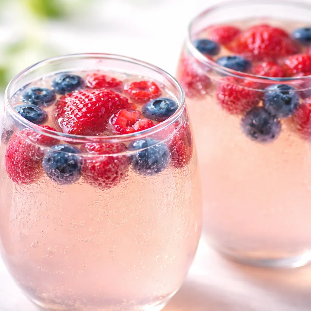 A refreshing Moscato Punch cocktail with fresh strawberries and raspberries in a pitcher.