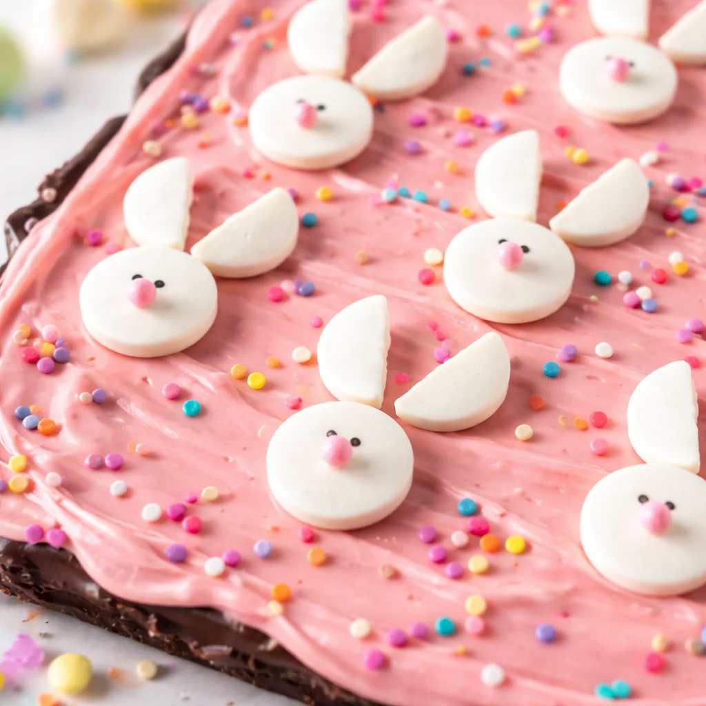 Colorful no-bake Bunny Bark treat decorated with candy and sprinkles for Easter.