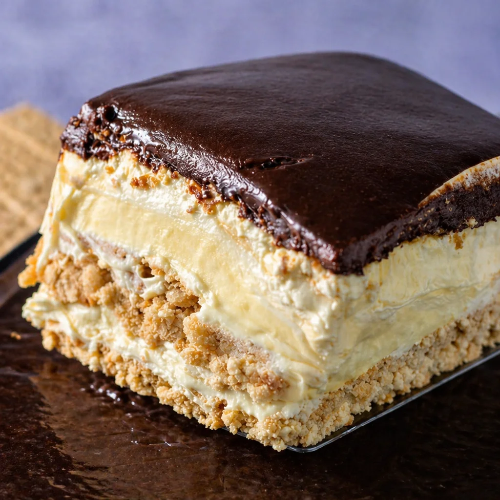 Delicious No-Bake Éclair Cake with layers of graham crackers, vanilla pudding, and chocolate frosting.