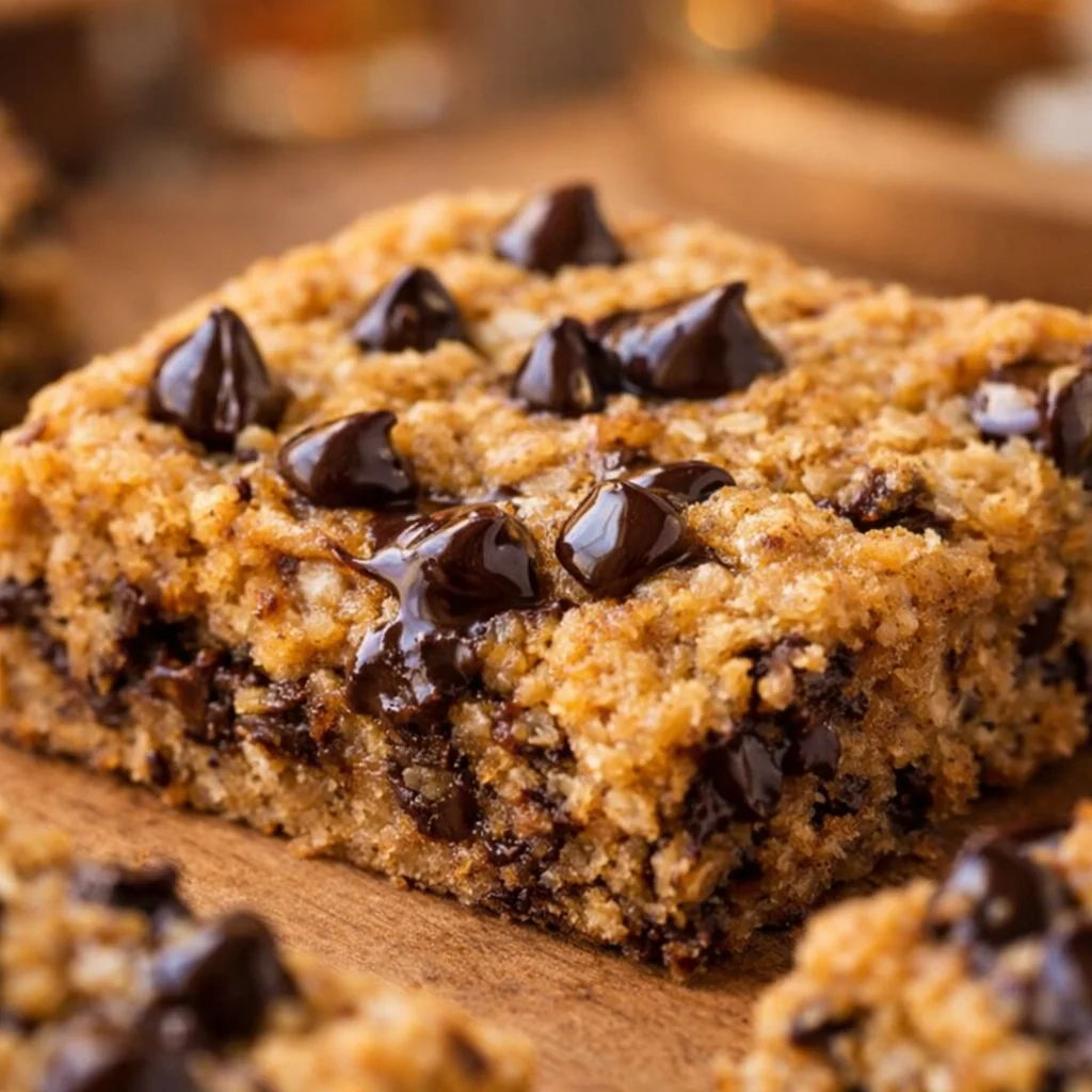 Oatmeal Chocolate Chip Peanut Butter Bars with chocolate chips and oats stacked on a plate