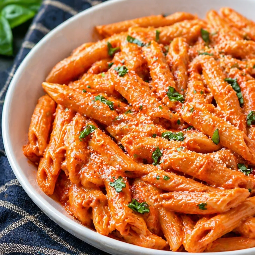 Creamy Pasta alla Vodka with tomato sauce and Parmesan cheese served in a bowl