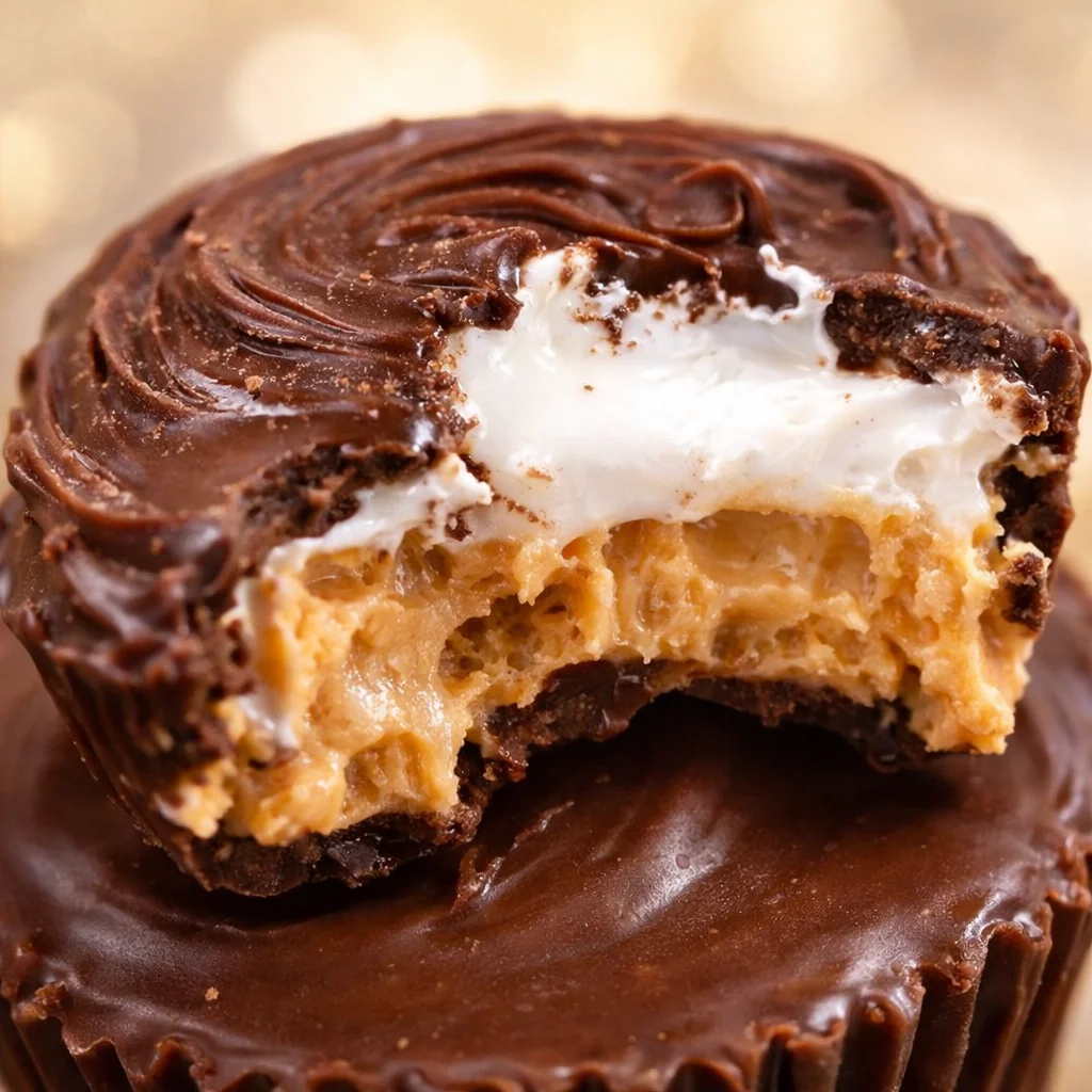 Homemade Peanut Butter Marshmallow Cups filled with fluffy marshmallow and topped with sea salt