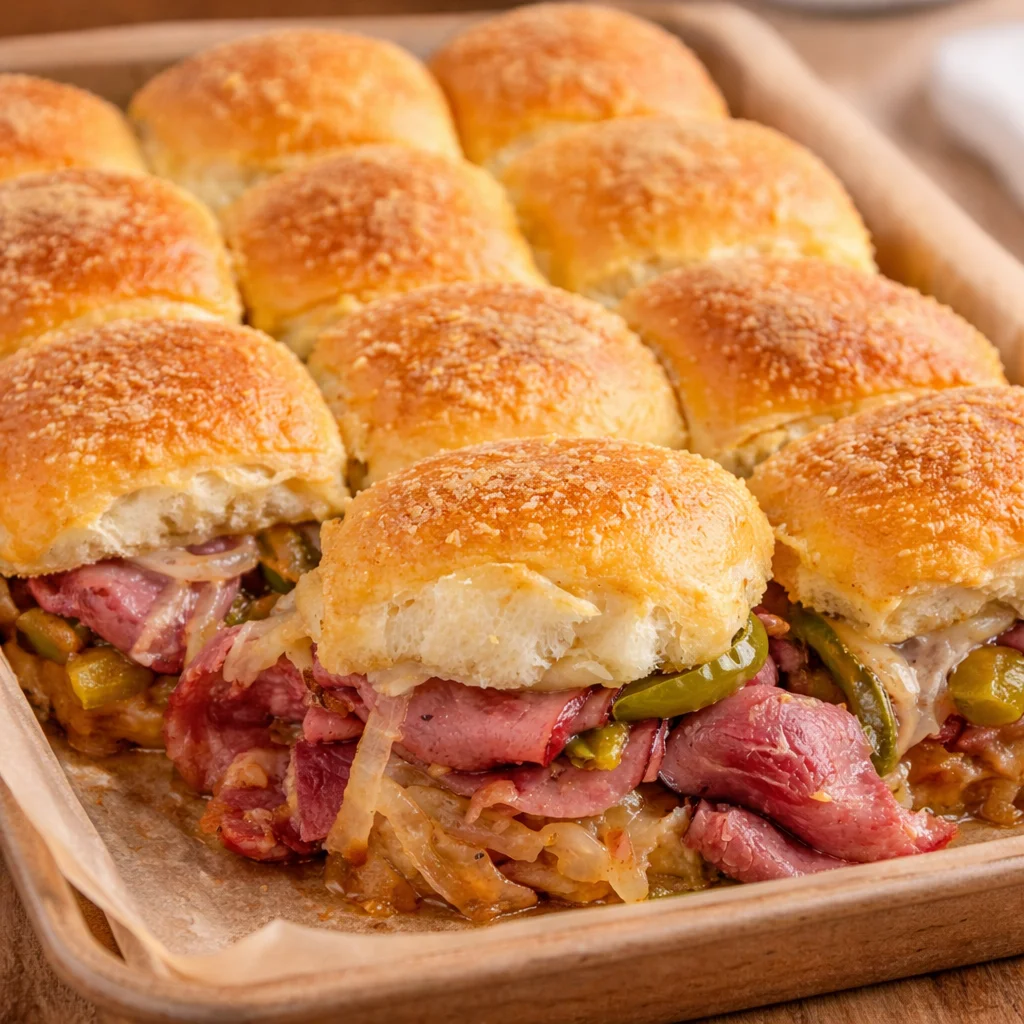 Delicious Philly cheesesteak sliders on Hawaiian rolls with melted cheese and sautéed peppers.