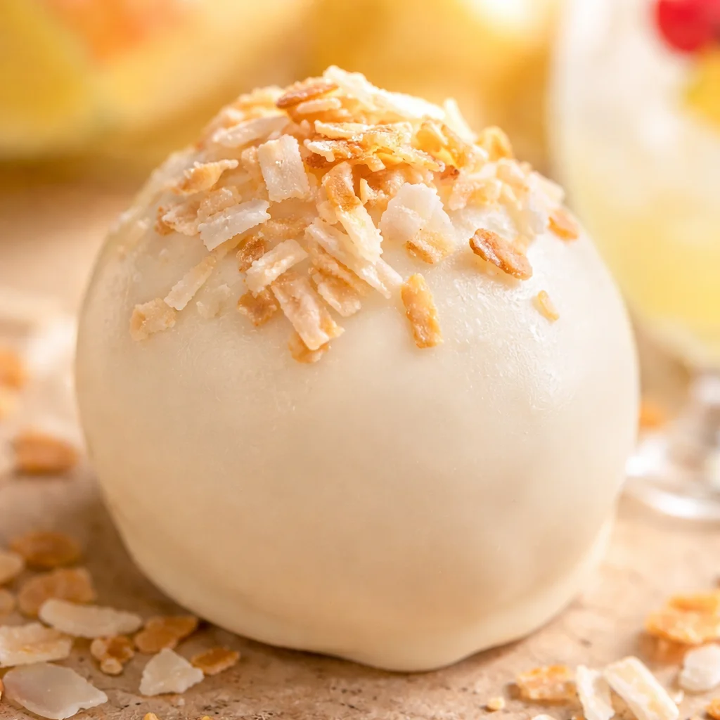 Decadent Piña Colada Truffles with pineapple and coconut in white chocolate coating.