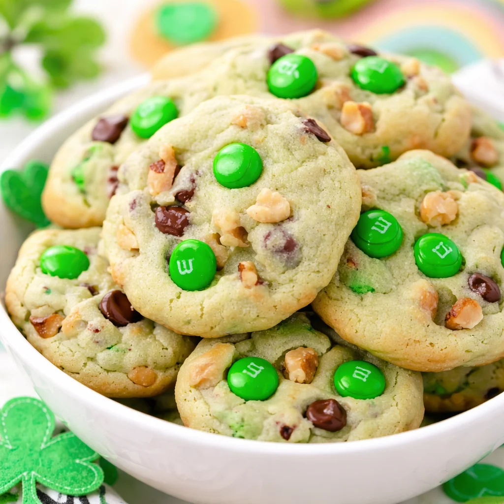 Close-up of Pistachio and Chocolate Leprechaun Cookies with vibrant green color.