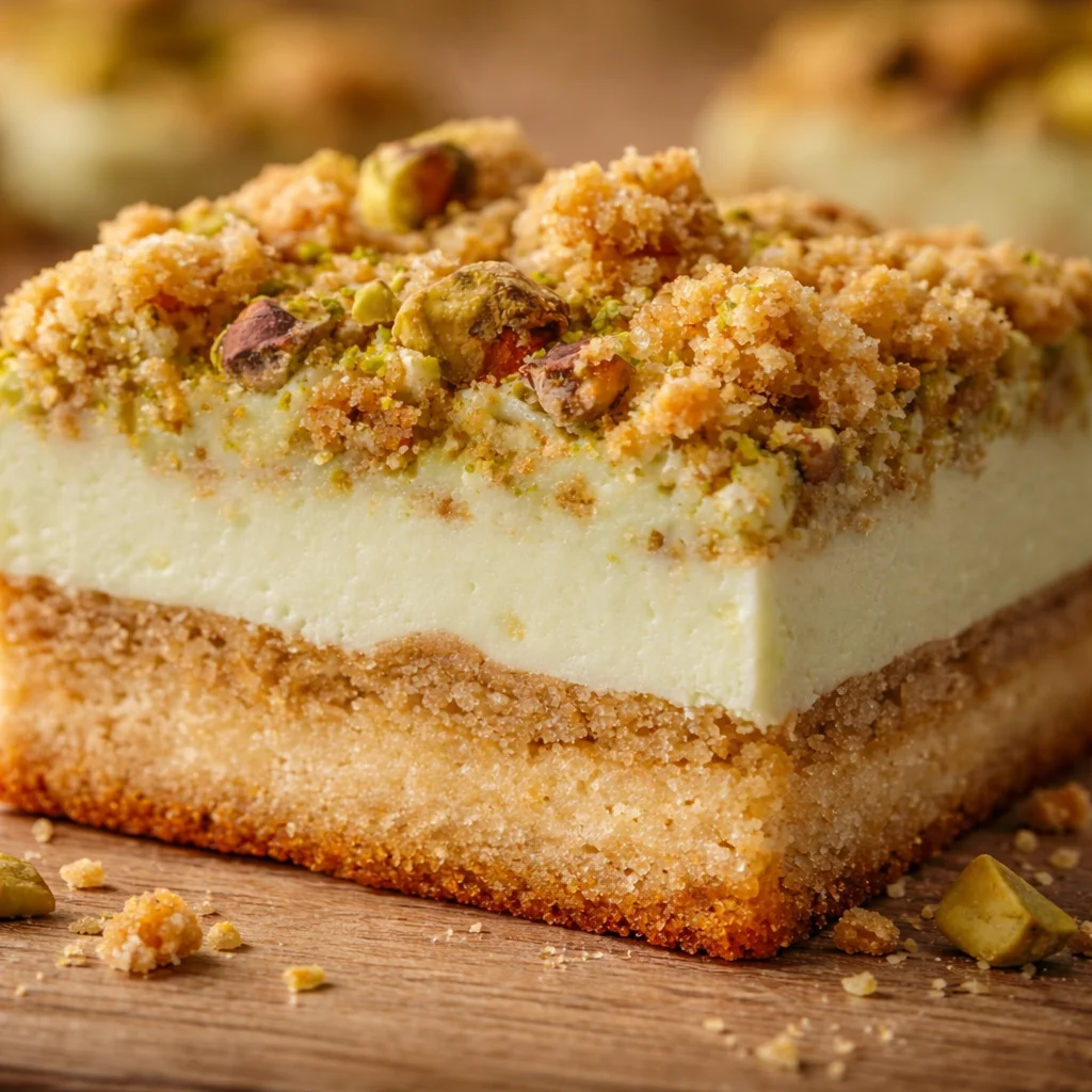 Pistachio Dream Cookie Bars topped with creamy frosting and pistachio bits.