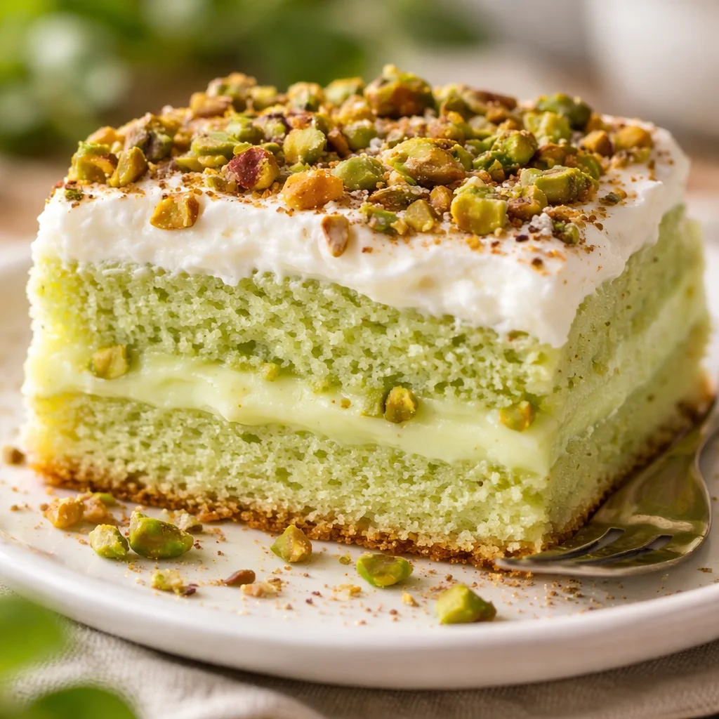 Pistachio Pudding Poke Cake topped with whipped cream and filled with creamy pistachio pudding