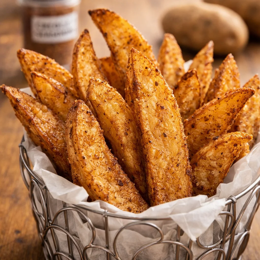 Homemade Popeyes copycat Cajun Fries seasoned to perfection with a spicy blend.