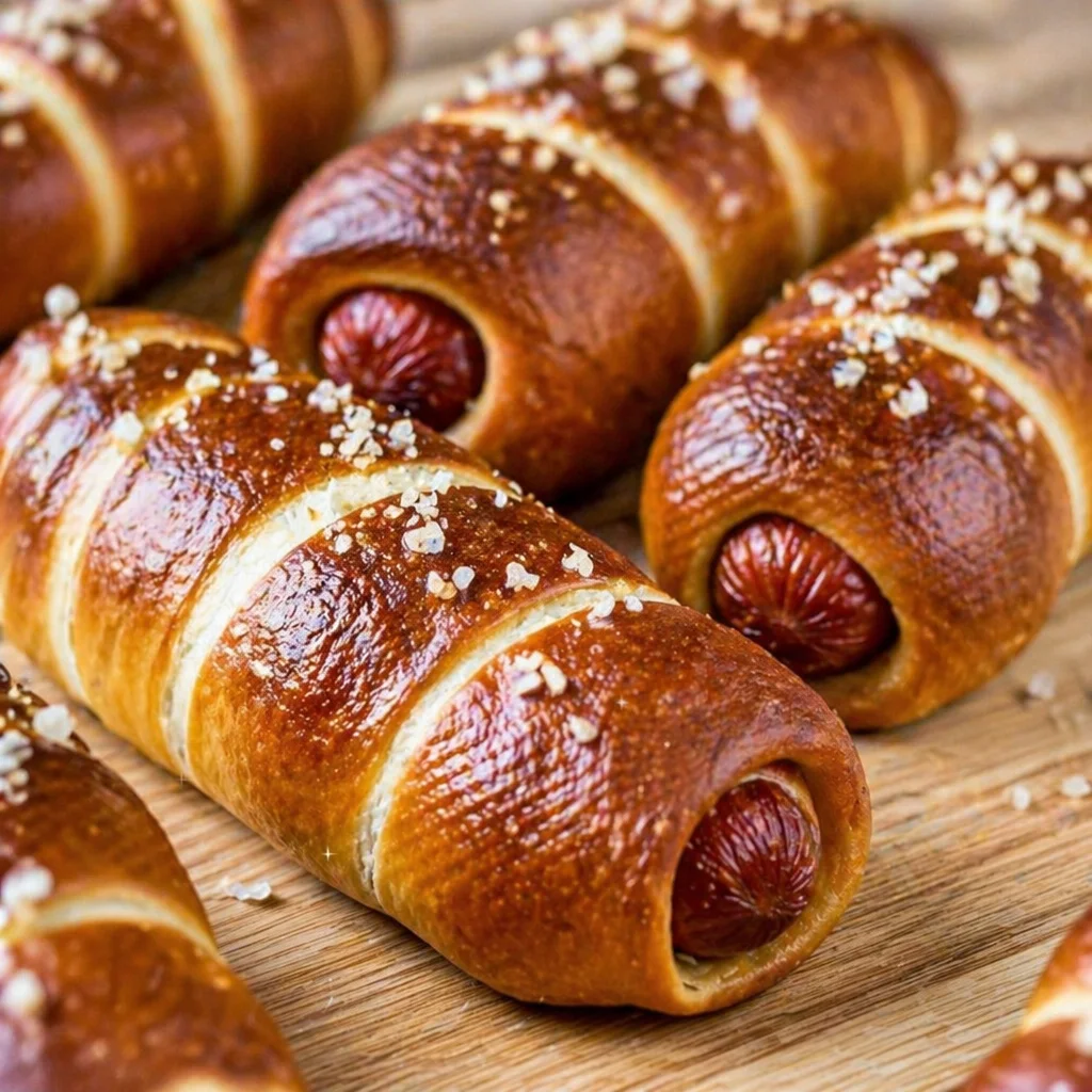Homemade Pretzel Dogs wrapped in soft dough, sprinkled with coarse salt, ready to enjoy.