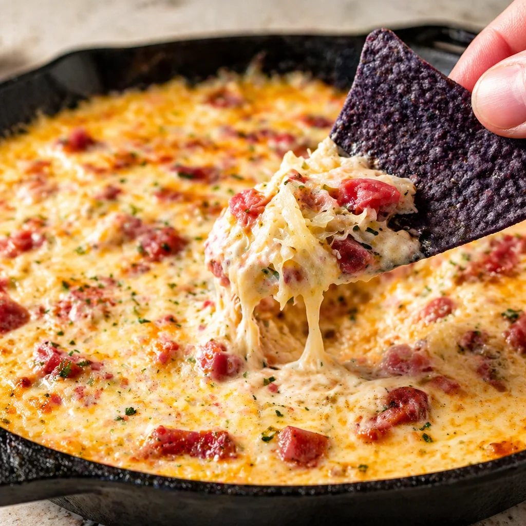 Delicious Reuben Dip served with crispy rye toasts, packed with flavors of corned beef and Swiss cheese.