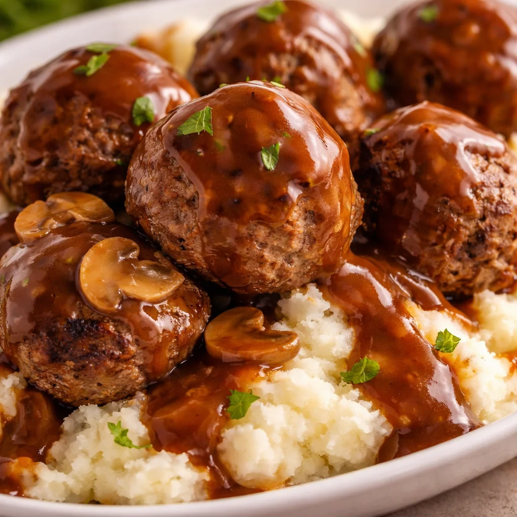 Delicious Salisbury Steak Meatballs served in rich brown gravy with fresh parsley garnish.