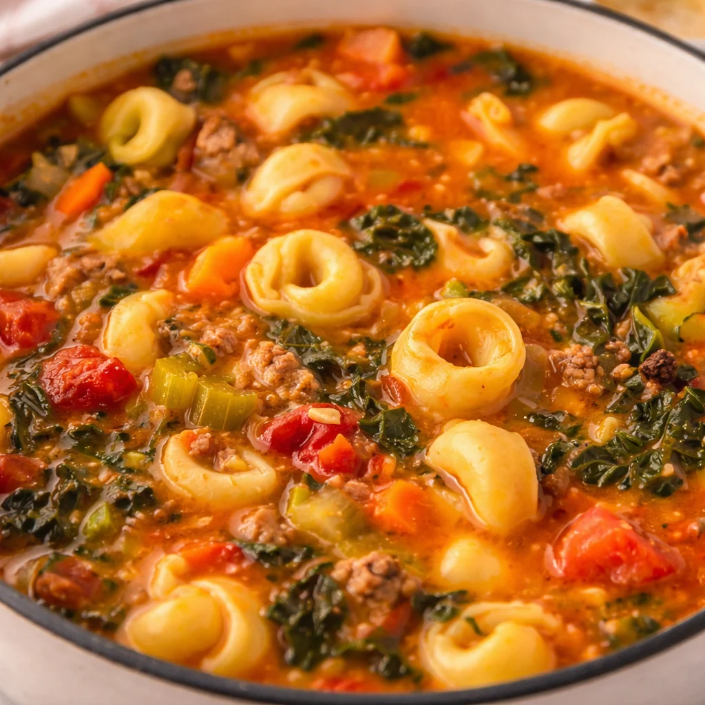 Delicious Sausage Tortellini Soup with Italian sausage, tortellini, and kale in creamy broth