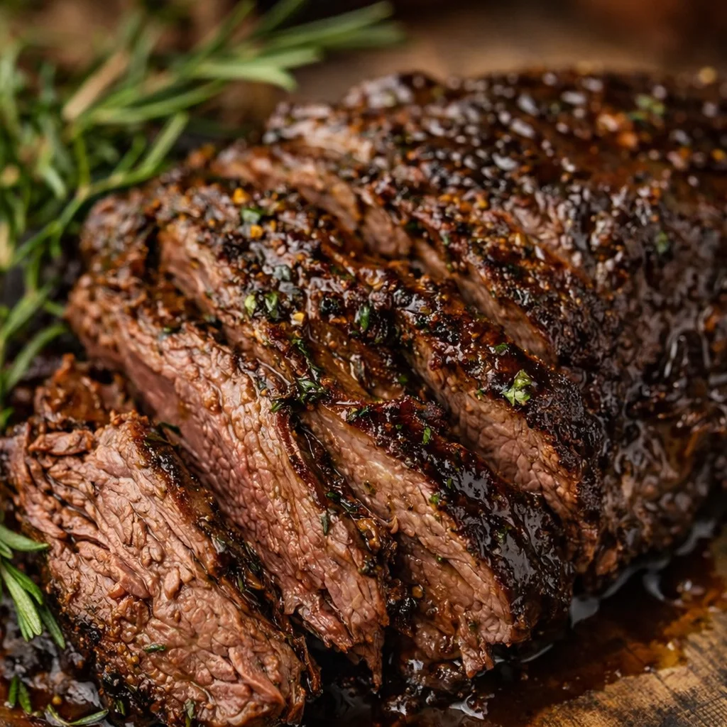 Slow Cooked Balsamic Chuck Roast served with vegetables in a rustic dish