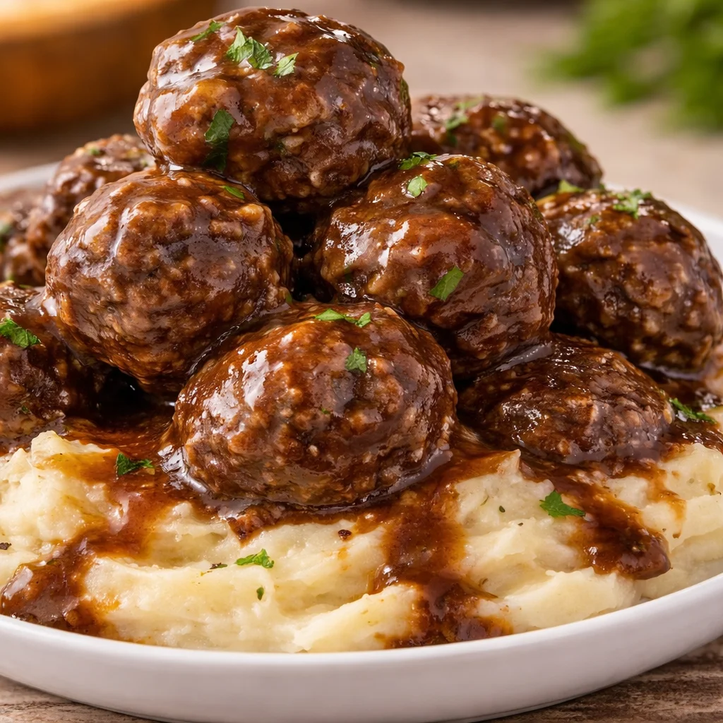 Delicious smothered meatballs in savory gravy served over mashed potatoes.