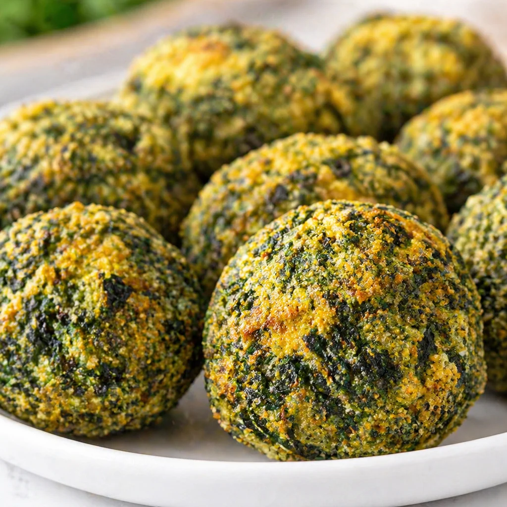 Delicious spinach balls appetizer made with stuffing mix, cheese, and spices