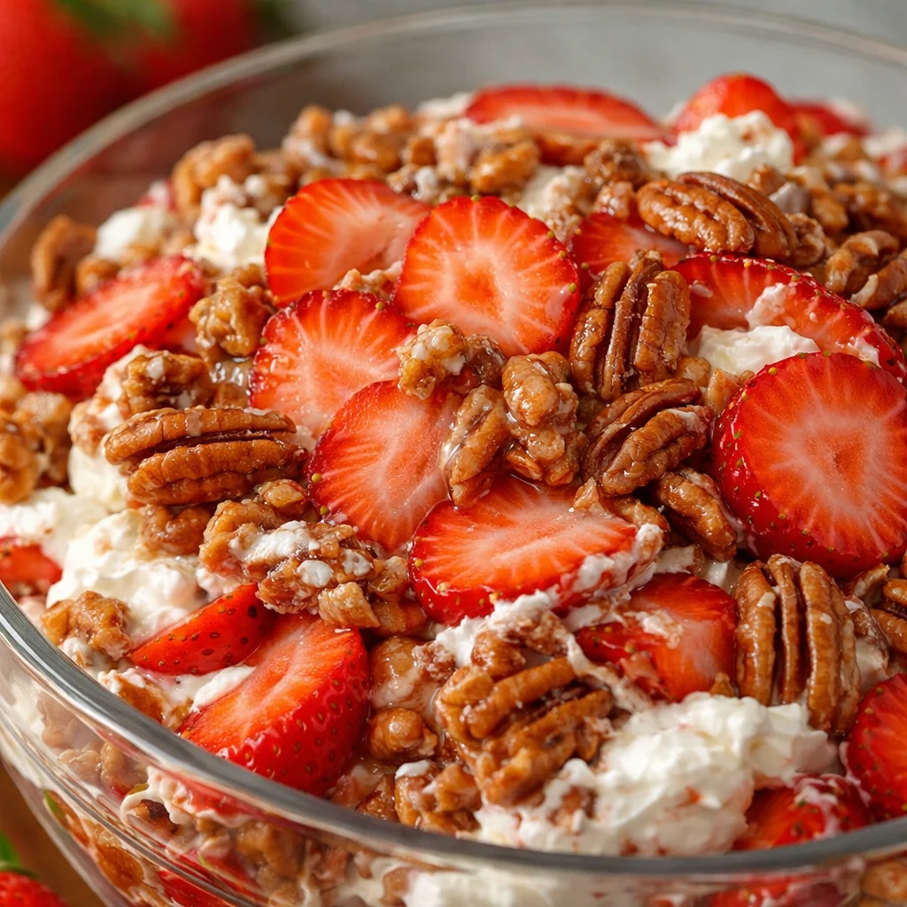 Delicious Strawberry Crackle Salad with pretzels and fresh strawberries served in a bowl.