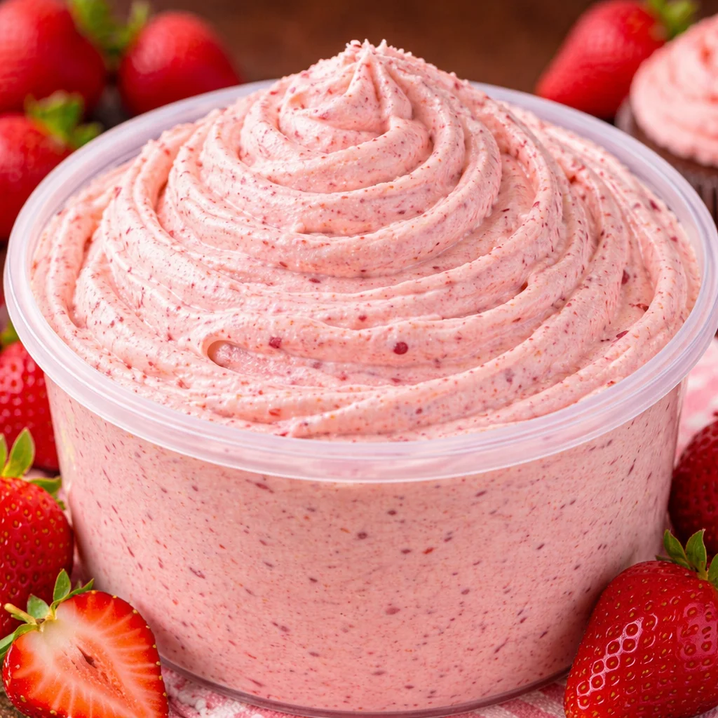 Strawberry Cream Cheese Buttercream frosting on a cake with fresh strawberries
