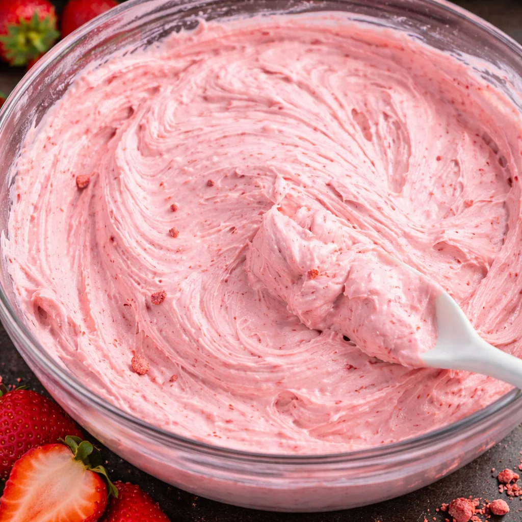 Delicious Strawberry Cream Cheese Frosting spread on a cupcake, showcasing its creamy texture.