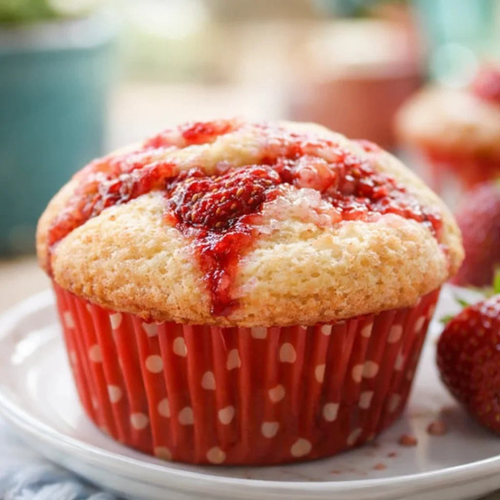 Delicious homemade Strawberry Muffins bursting with fresh strawberries.