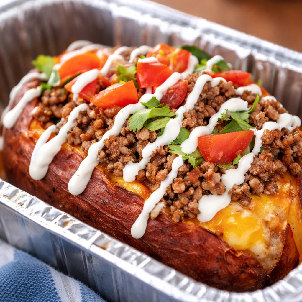 Taco Stuffed Potatoes topped with ground beef, cheese, and sour cream on a plate.