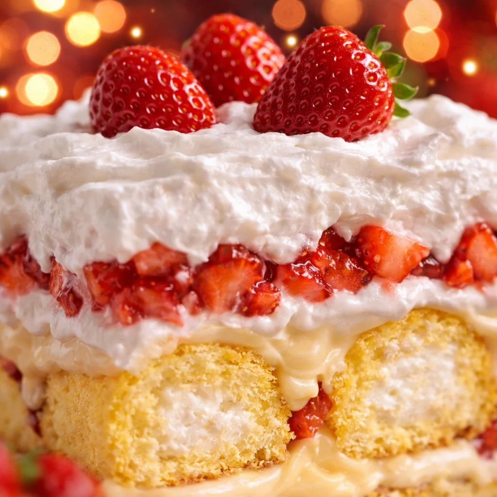 Delicious no-bake TWINKIE CAKE! made with Twinkies, pudding, and whipped topping.