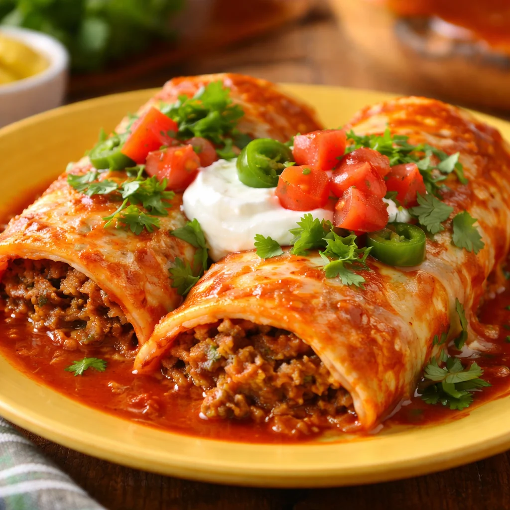 Colorful vegetarian enchiladas stuffed with black beans, veggies, and topped with red sauce.