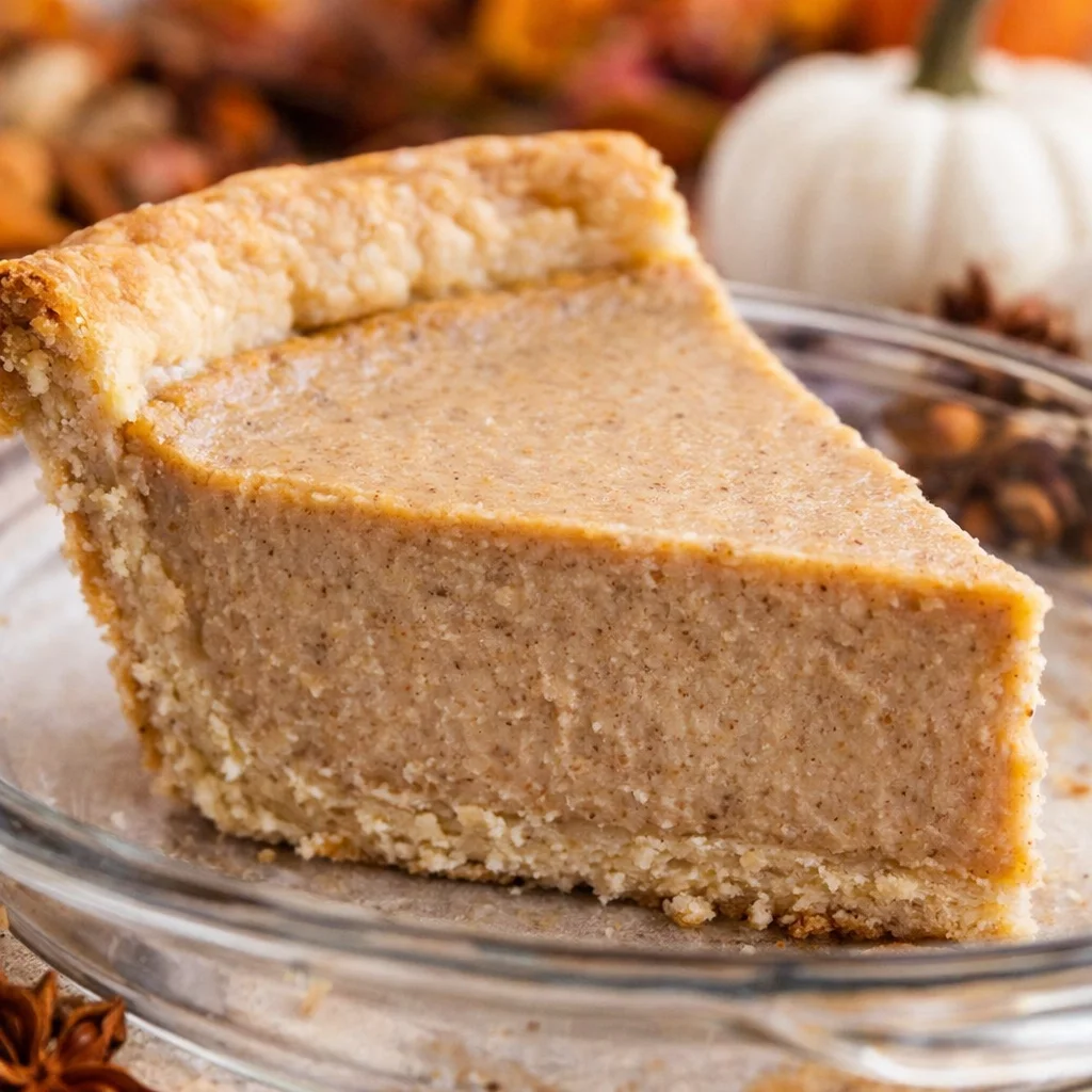 Delicious slice of White Pumpkin Pie with whipped cream topping on a plate.
