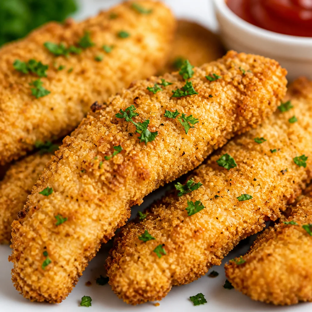 Crispy golden Air Fryer Chicken Tenders served with dipping sauce.