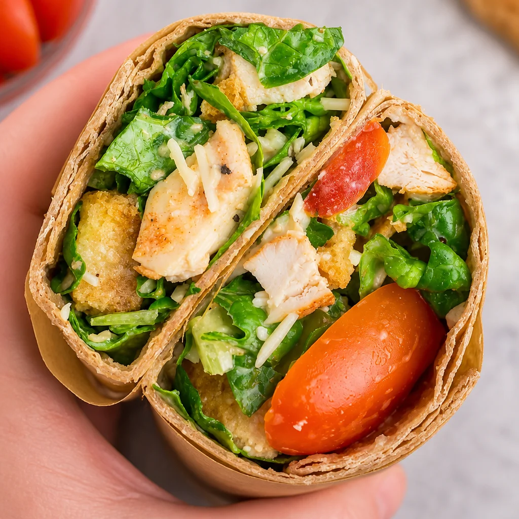 Delicious Chopped Chicken Caesar Wrap with romaine, chicken, and creamy dressing